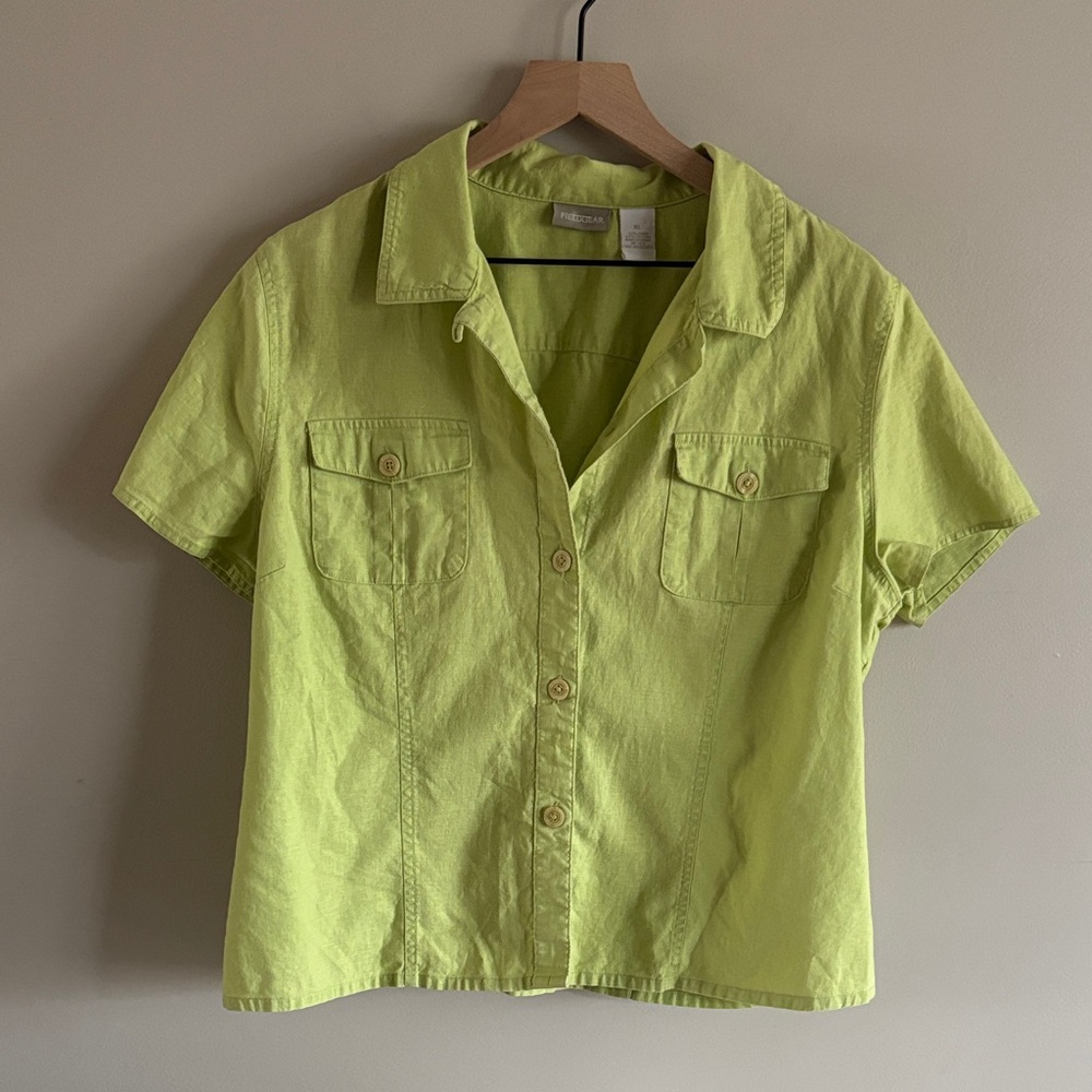 VTG Fieldgear • lime green cotton and linen blend button down top